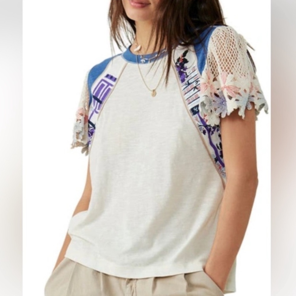 Free People As If White and Blue Lace Sleeve Tee